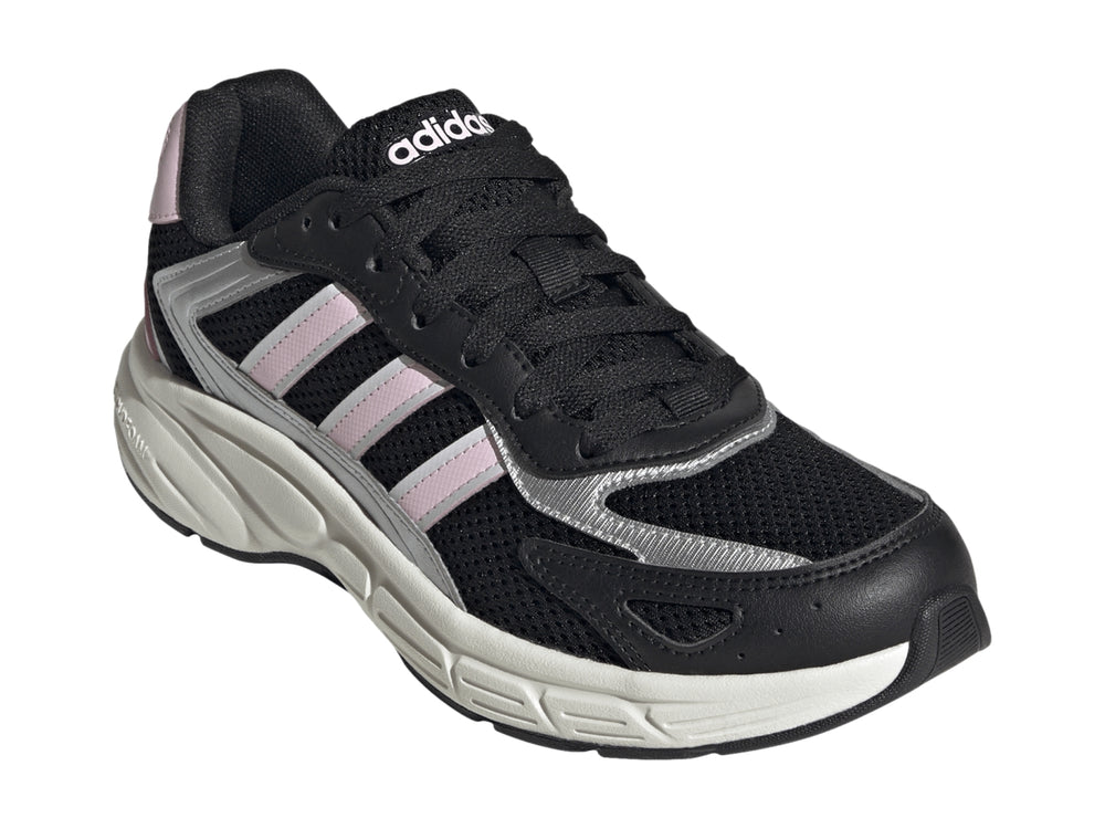 Tenis deportivos Adidas color negro con franjas rosas y suela blanca.