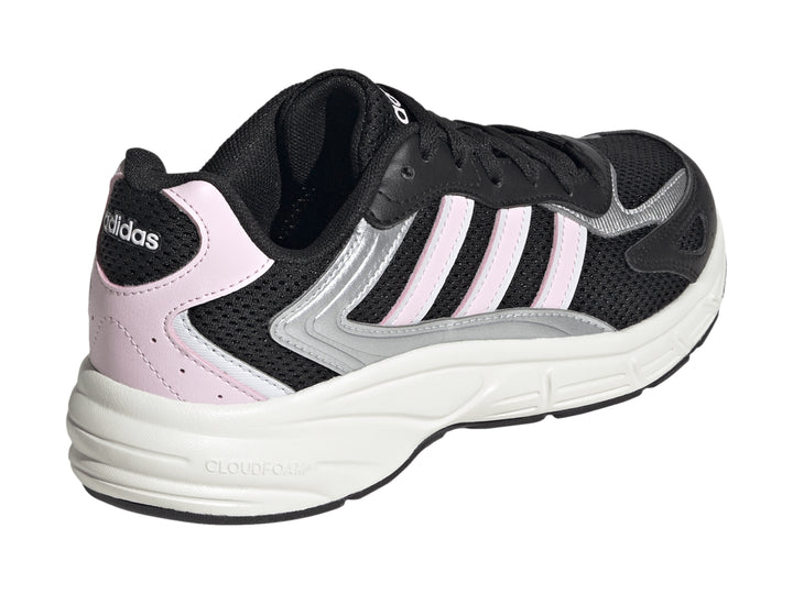 Tenis deportivos Adidas color negro con franjas rosas y suela blanca.