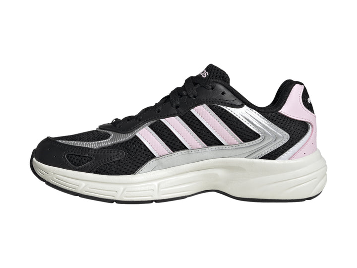 Tenis deportivos Adidas color negro con franjas rosas y suela blanca.