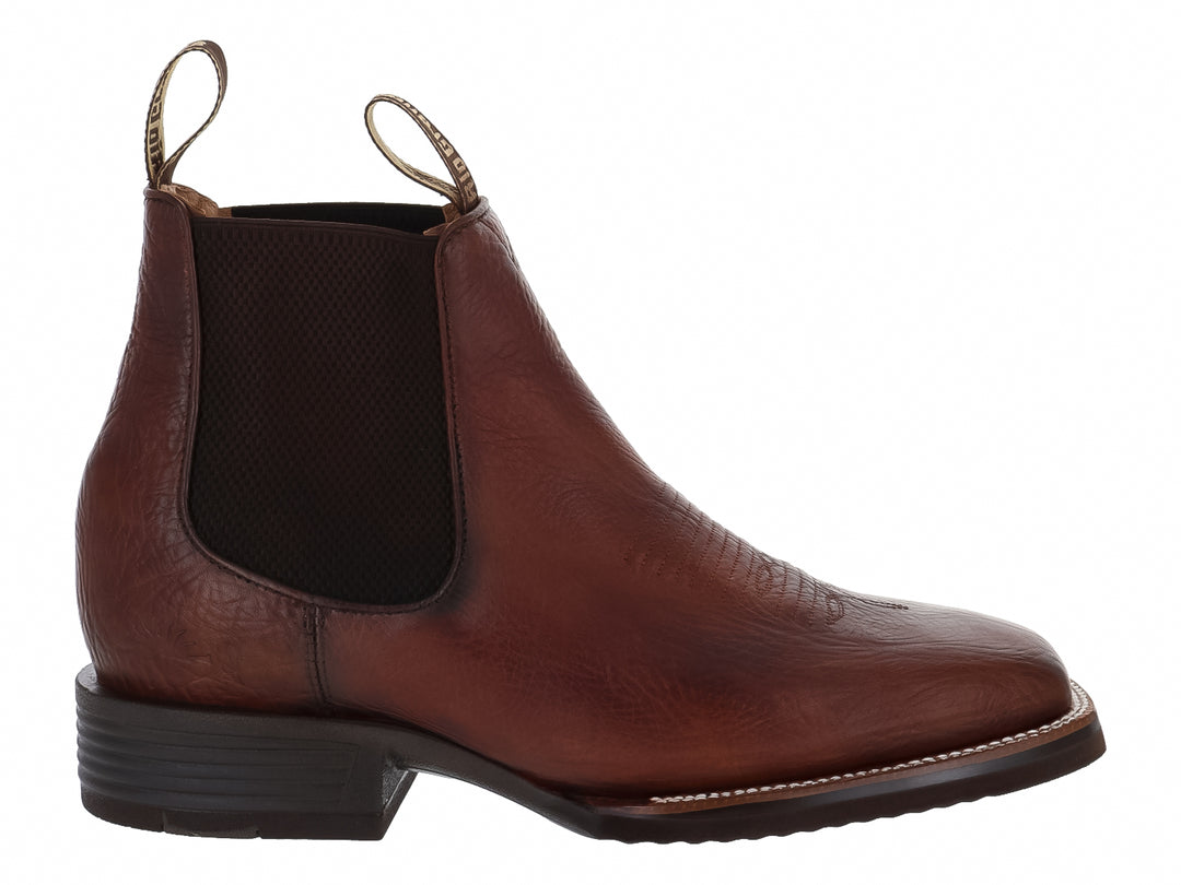 Bota vaquera Rio Grande color redwood para hombre con suela negra y elástico lateral.