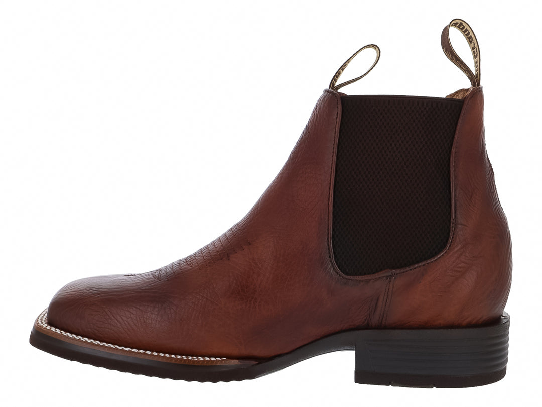 Bota vaquera Rio Grande color redwood para hombre con suela negra y elástico lateral.
