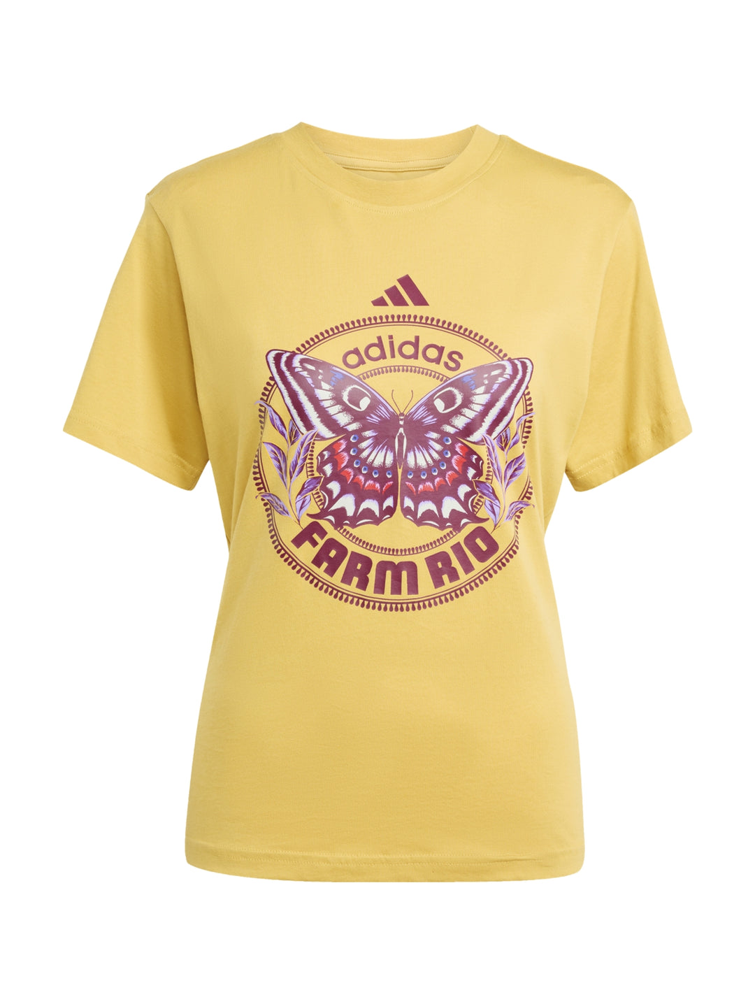 Camiseta Adidas color dorado con gráfico de mariposa en el centro y cuello redondo.