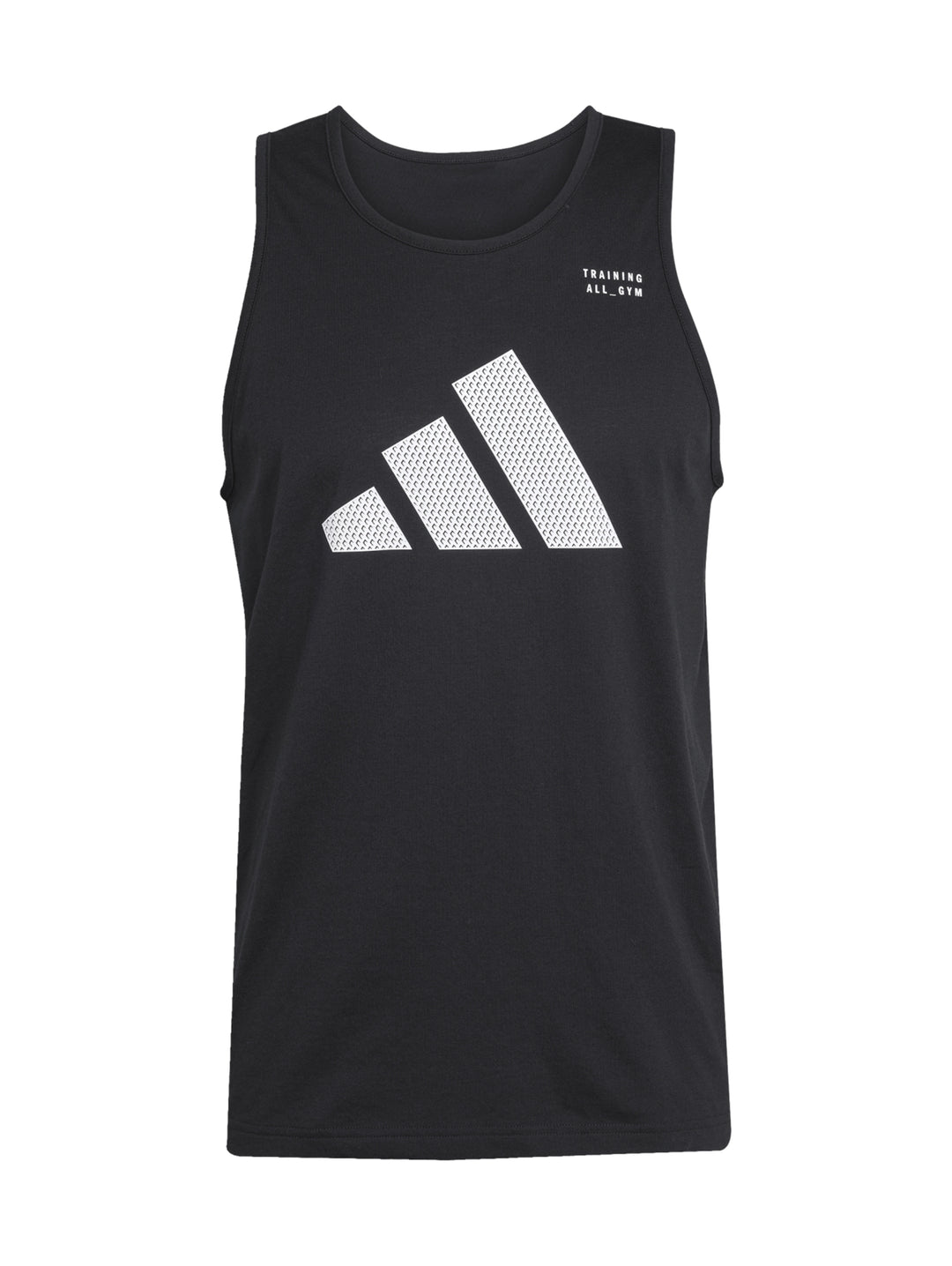 Hombre vistiendo playera sin mangas Adidas de color negro con logotipo blanco en el pecho.