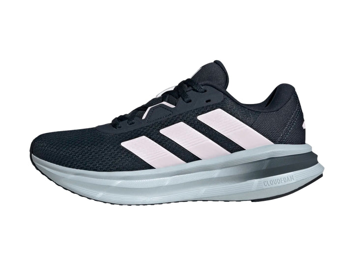 Tenis Adidas Galaxy 7 color azul marino con franjas rosas y suela azul claro.