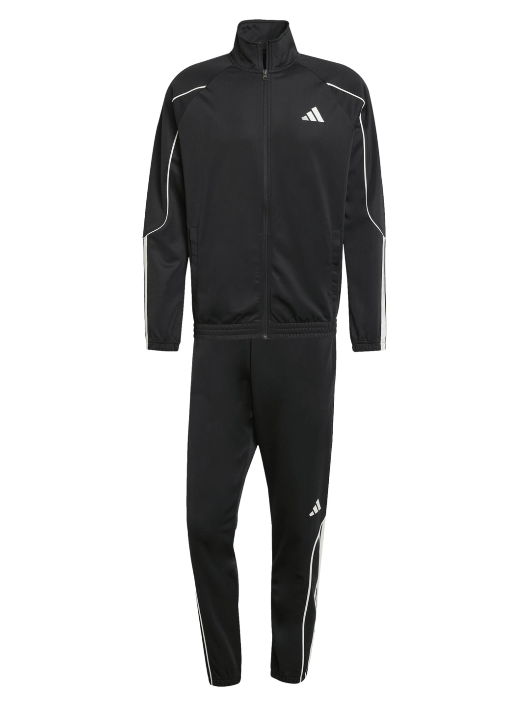 Hombre vistiendo un conjunto deportivo Adidas negro con franjas blancas laterales.