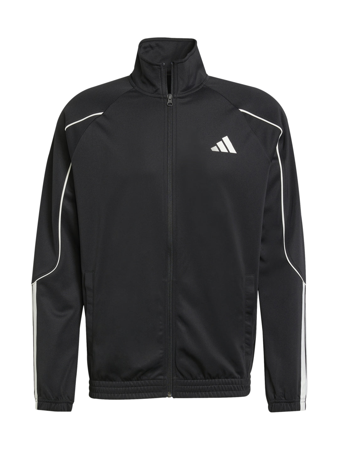 Hombre vistiendo un conjunto deportivo Adidas negro con franjas blancas laterales.