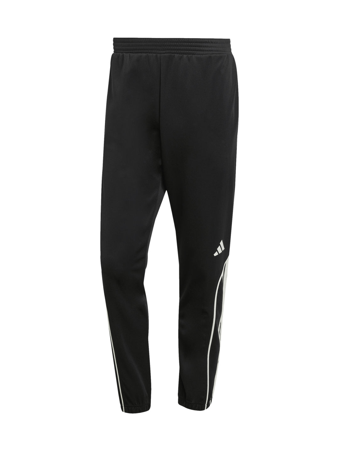 Hombre vistiendo un conjunto deportivo Adidas negro con franjas blancas laterales.