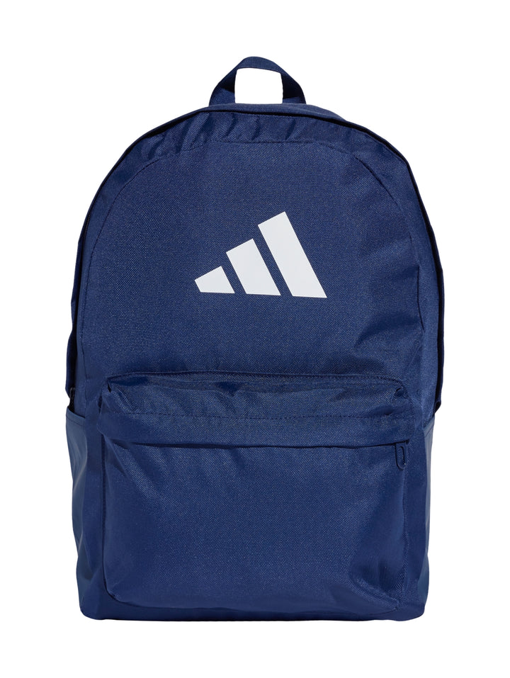 Mochila Adidas color azul índigo con logotipo de tres barras blancas en el centro.