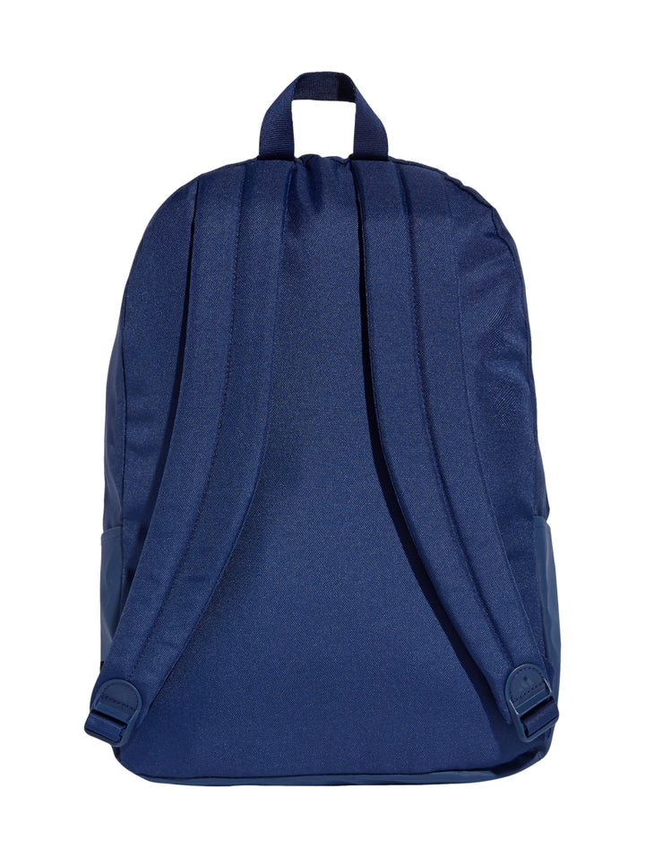 Mochila Adidas color azul índigo con logotipo de tres barras blancas en el centro.