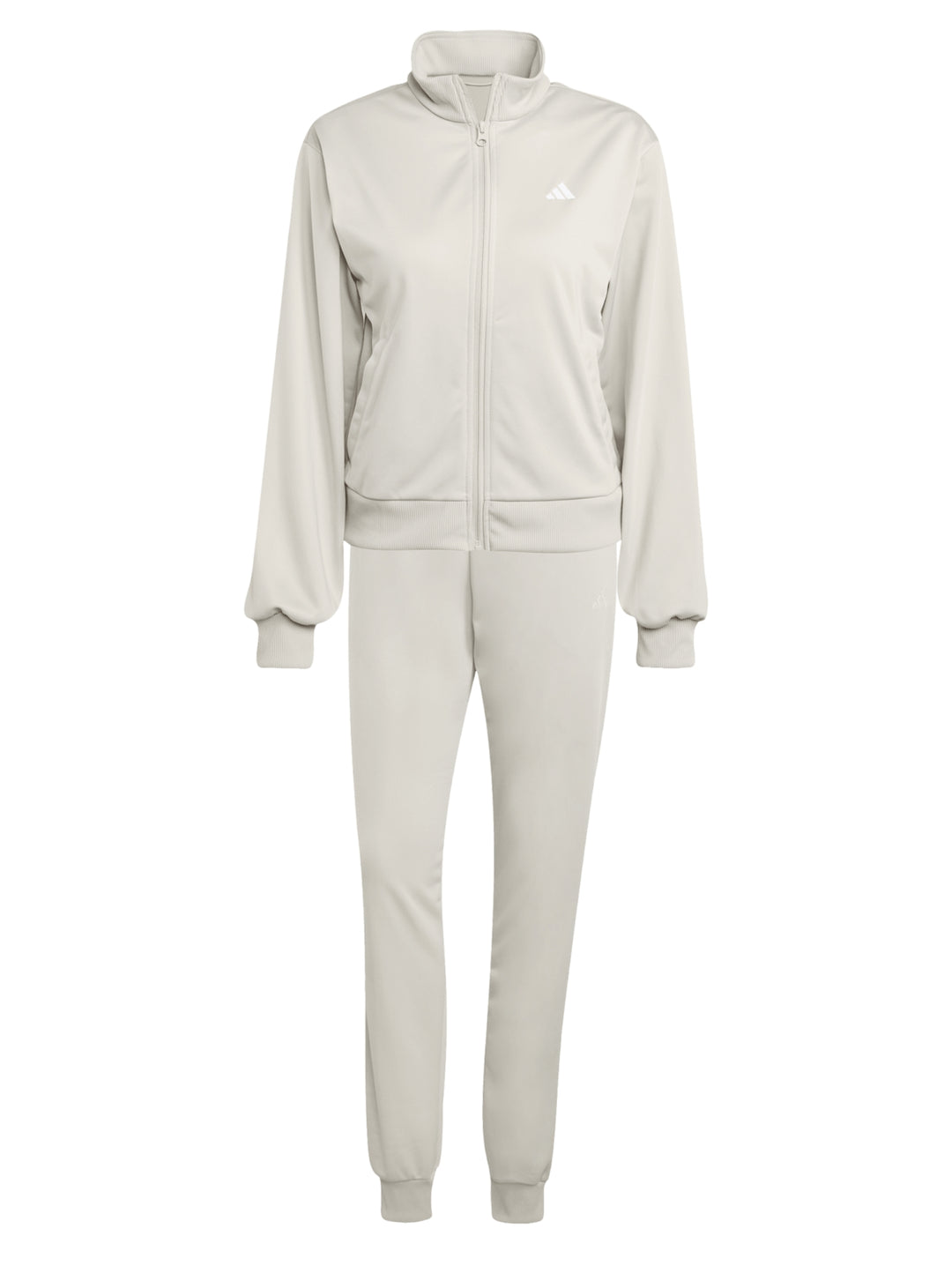 Conjunto deportivo Adidas Essentials Feel Cozy en color beige, compuesto por chaqueta y pantalón para mujer.