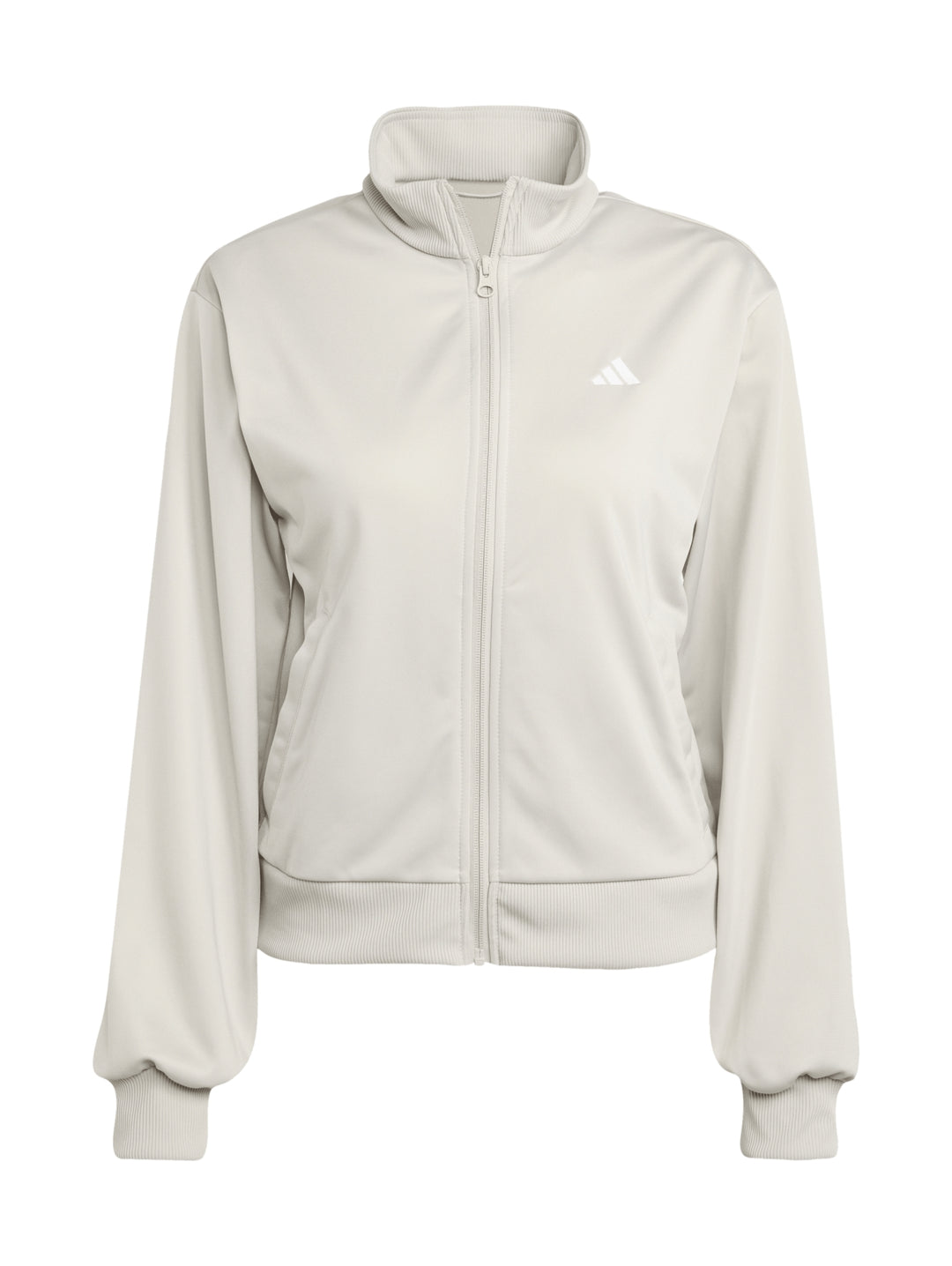Conjunto deportivo Adidas Essentials Feel Cozy en color beige, compuesto por chaqueta y pantalón para mujer.
