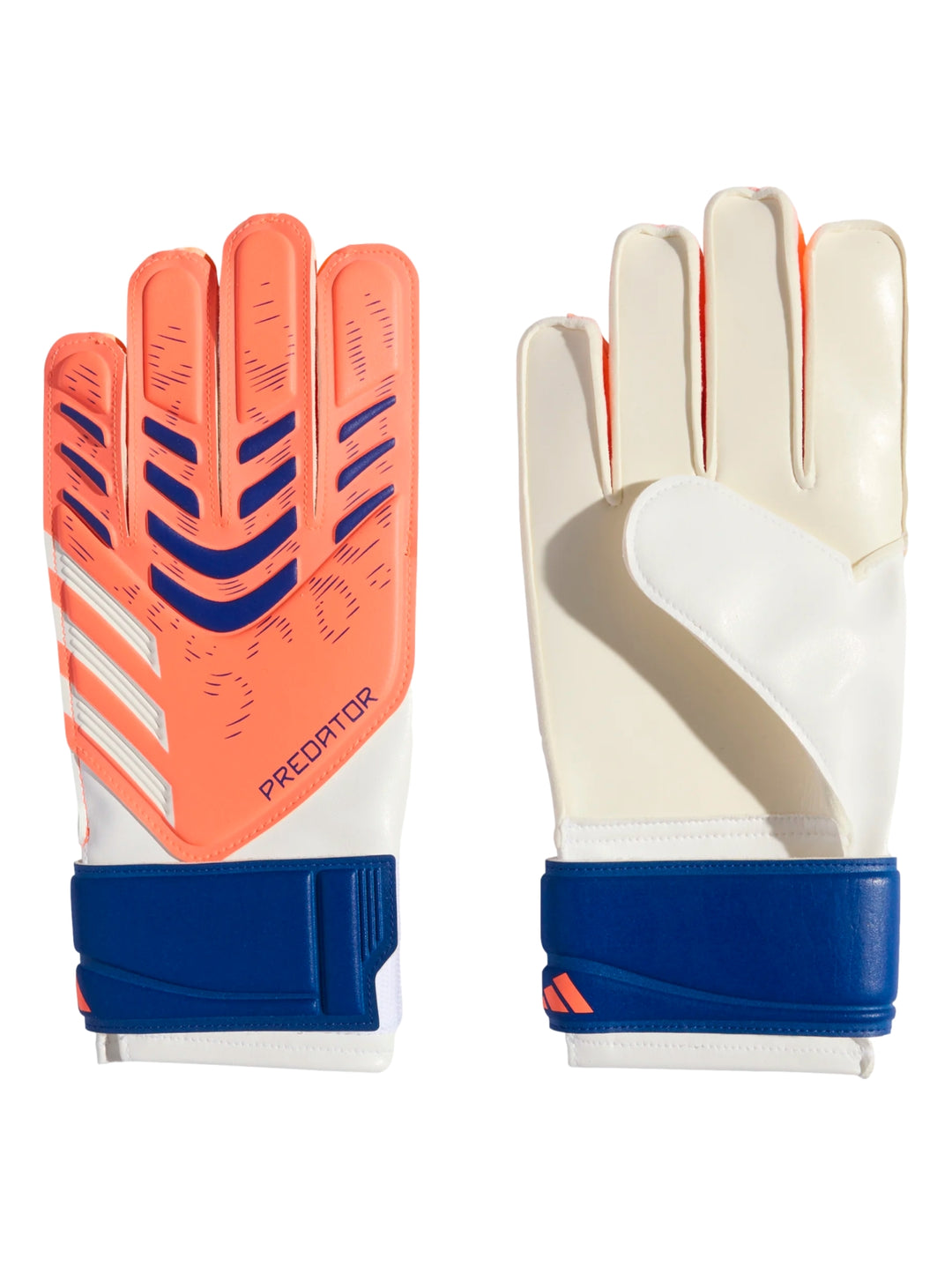 Par de guantes de portero Adidas Predator en colores naranja, azul y blanco.