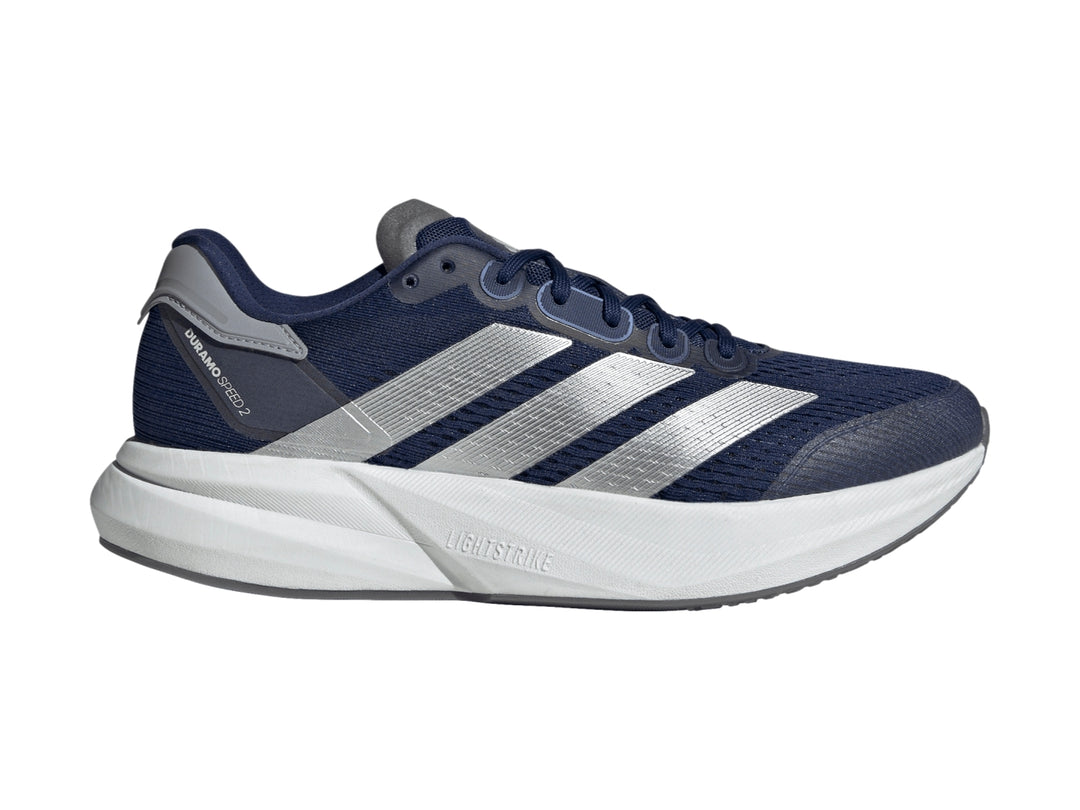 Tenis deportivos Adidas Duramo Speed 2 color azul oscuro con franjas plateadas y suela blanca.