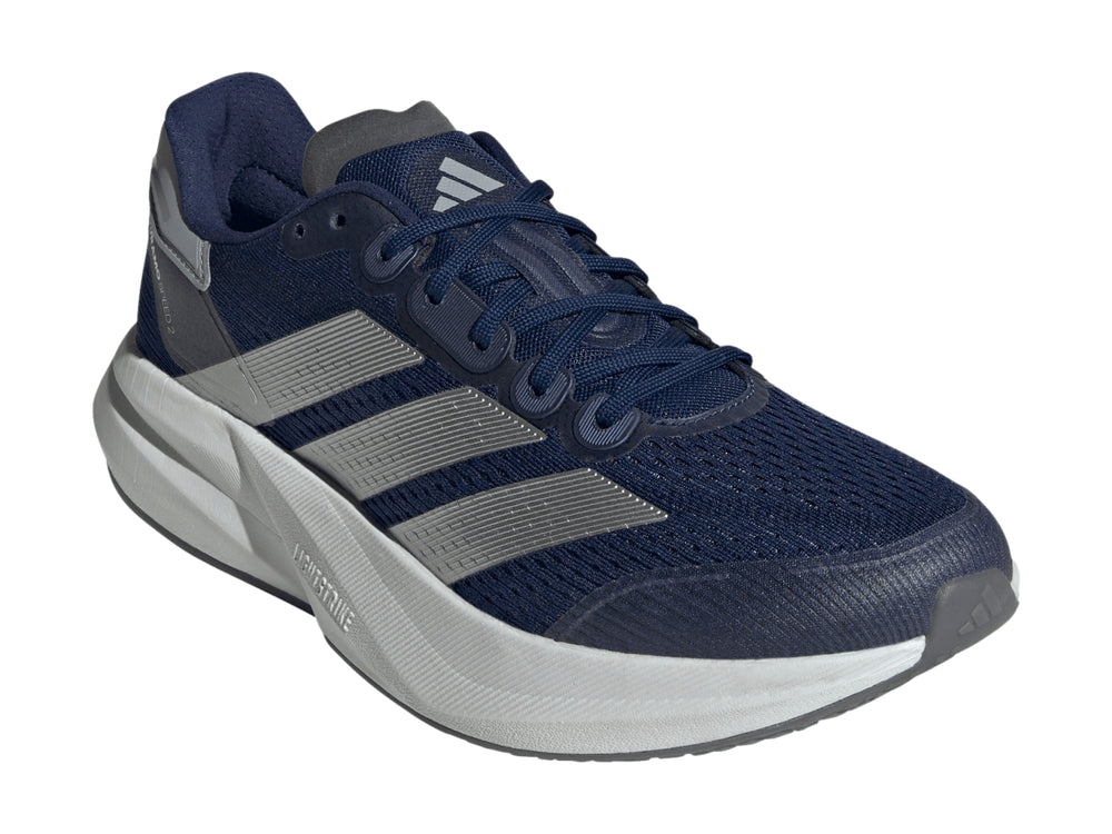 Tenis deportivos Adidas Duramo Speed 2 color azul oscuro con franjas plateadas y suela blanca.
