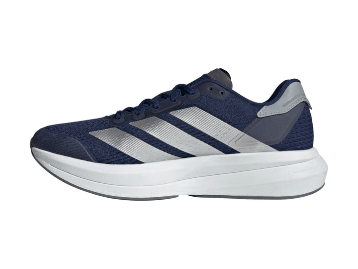 Tenis deportivos Adidas Duramo Speed 2 color azul oscuro con franjas plateadas y suela blanca.