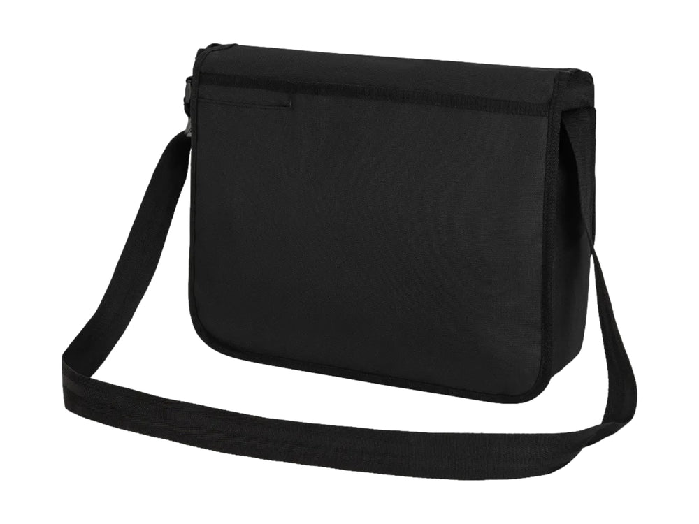 Bolso bandolera Champion color negro con correa ajustable, cierre frontal y hebillas de plástico.