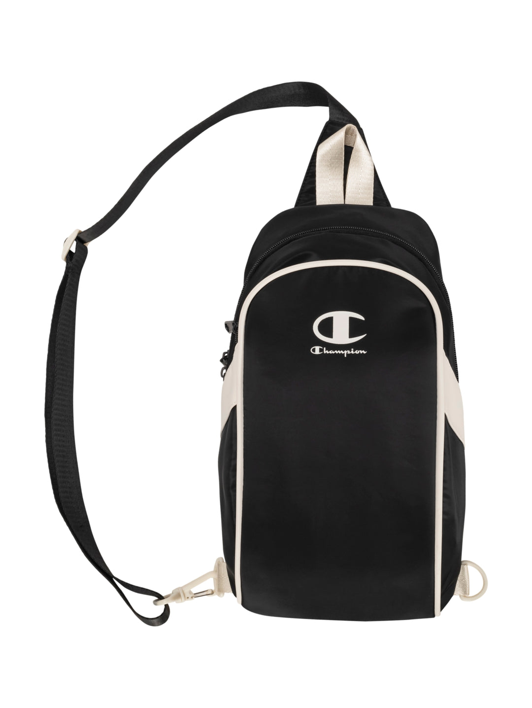 Bolsa de hombro Champion color negro con detalles en blanco y correa ajustable.