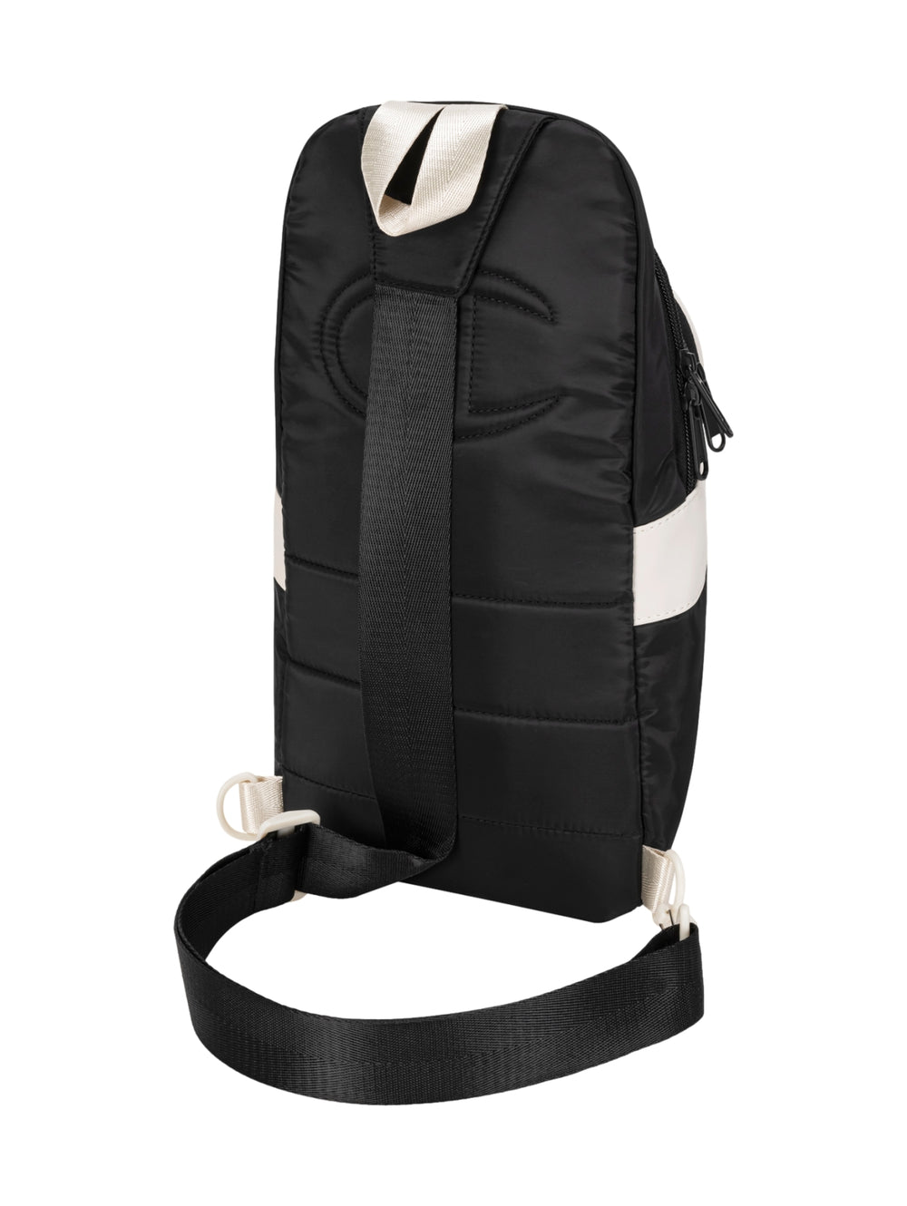 Bolsa de hombro Champion color negro con detalles en blanco y correa ajustable.