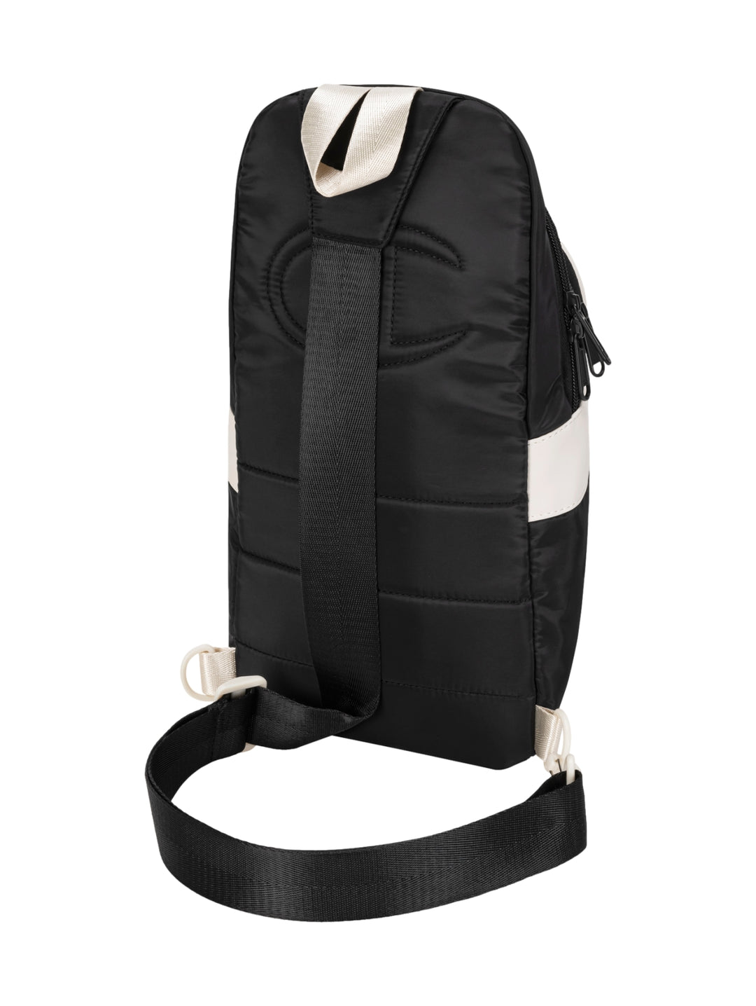 Bolsa de hombro Champion color negro con detalles en blanco y correa ajustable.