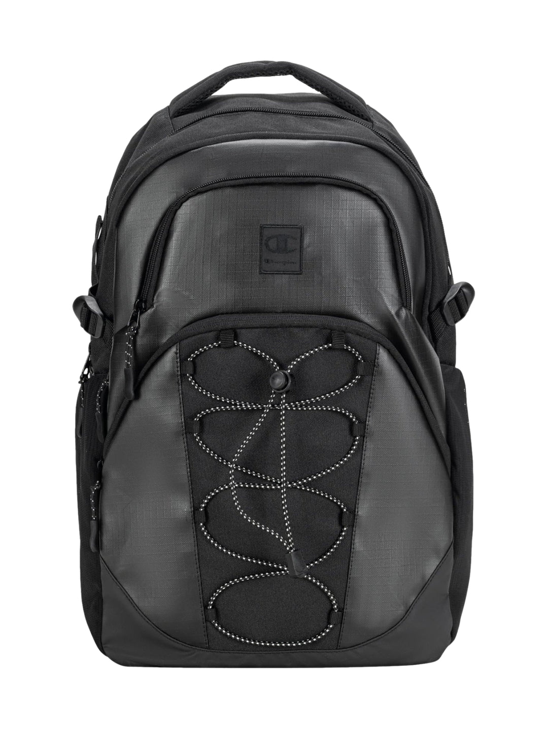 Mochila escolar Champion color negro con cordón elástico frontal y acabado mate.