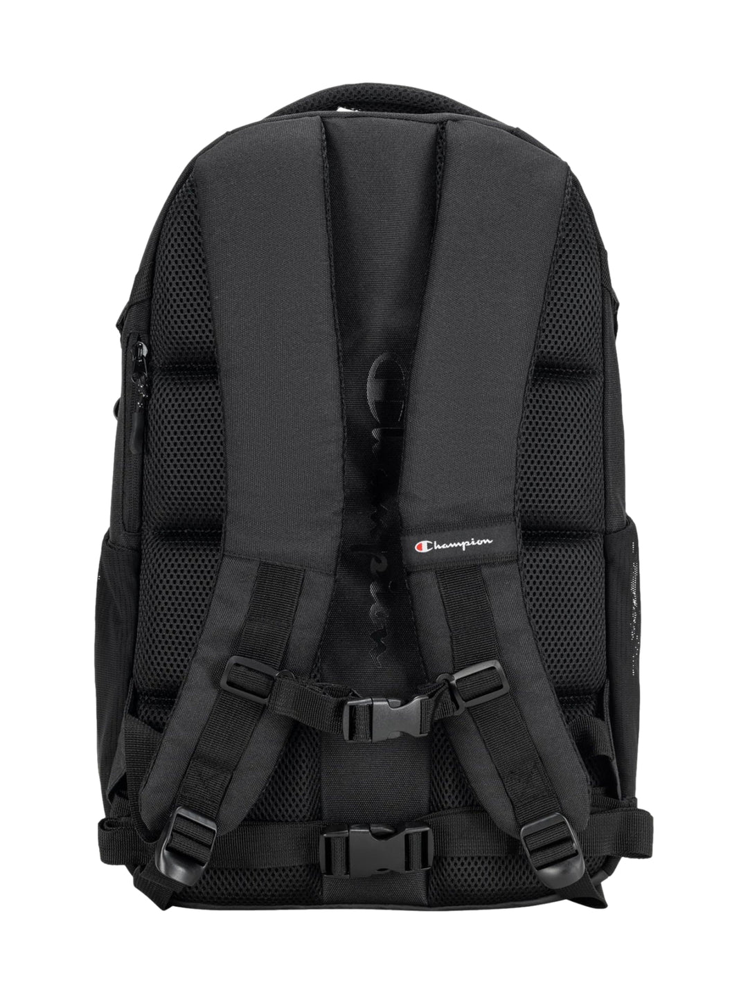 Mochila escolar Champion color negro con cordón elástico frontal y acabado mate.