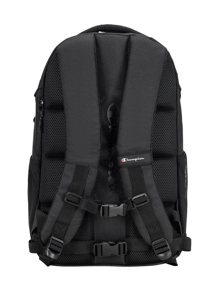Mochila escolar Champion color negro con cordón elástico frontal y acabado mate.