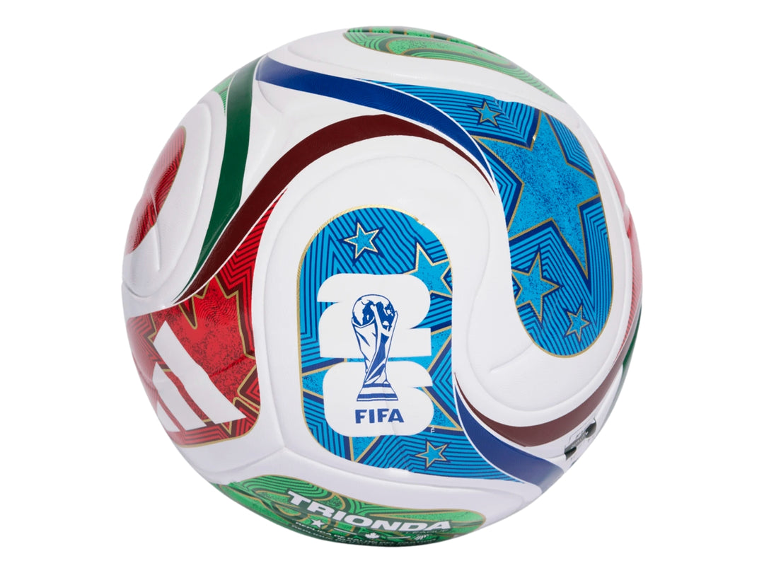 Balón de fútbol multicolor con diseño de estrellas y logo de FIFA.