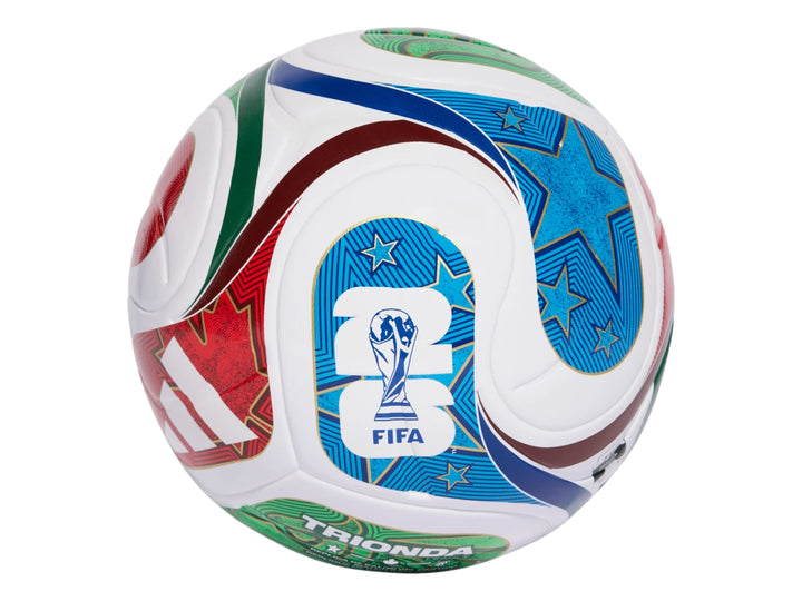 Balón de fútbol multicolor con diseño de estrellas y logo de FIFA.