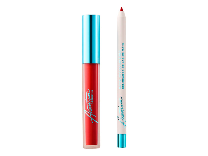 Combo de maquillaje para labios Arantza Cosmetics en color rojo Tempting Jelly, incluye labial y delineador.