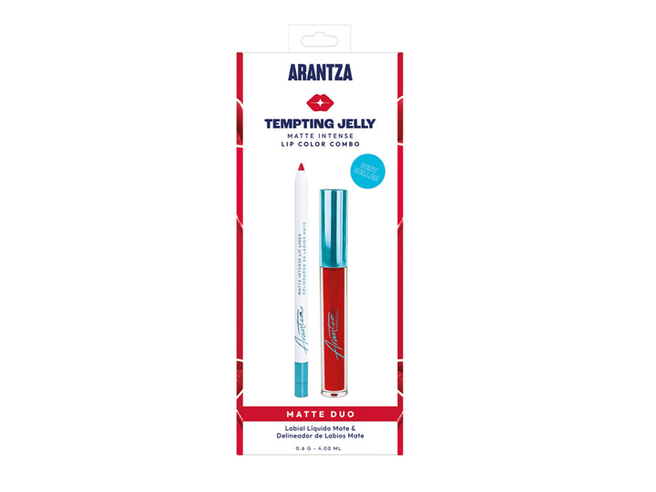 Combo de maquillaje para labios Arantza Cosmetics en color rojo Tempting Jelly, incluye labial y delineador.