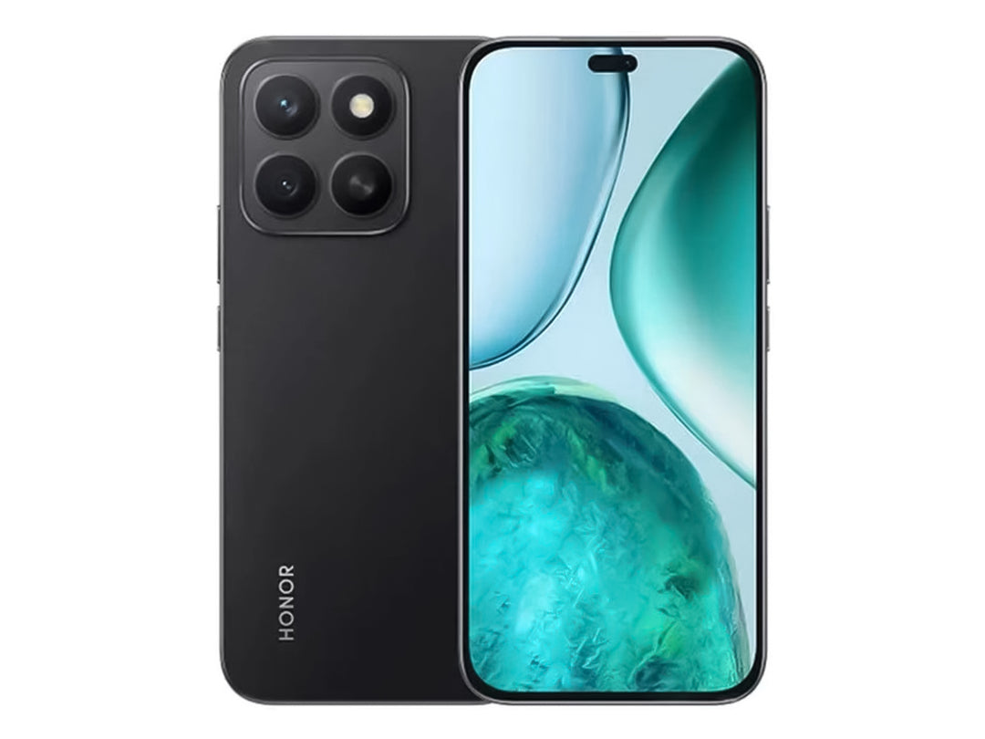 Celular Honor X8c color negro, vista frontal y posterior con pantalla encendida y módulo de cámaras.