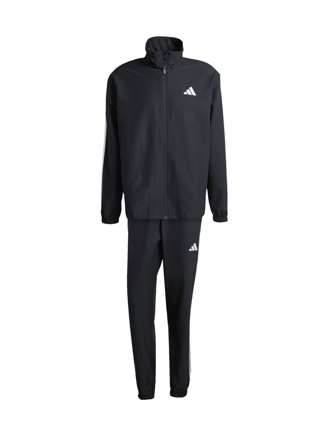 Conjunto deportivo Adidas negro con rayas blancas laterales, compuesto por chamarra y pantalón.