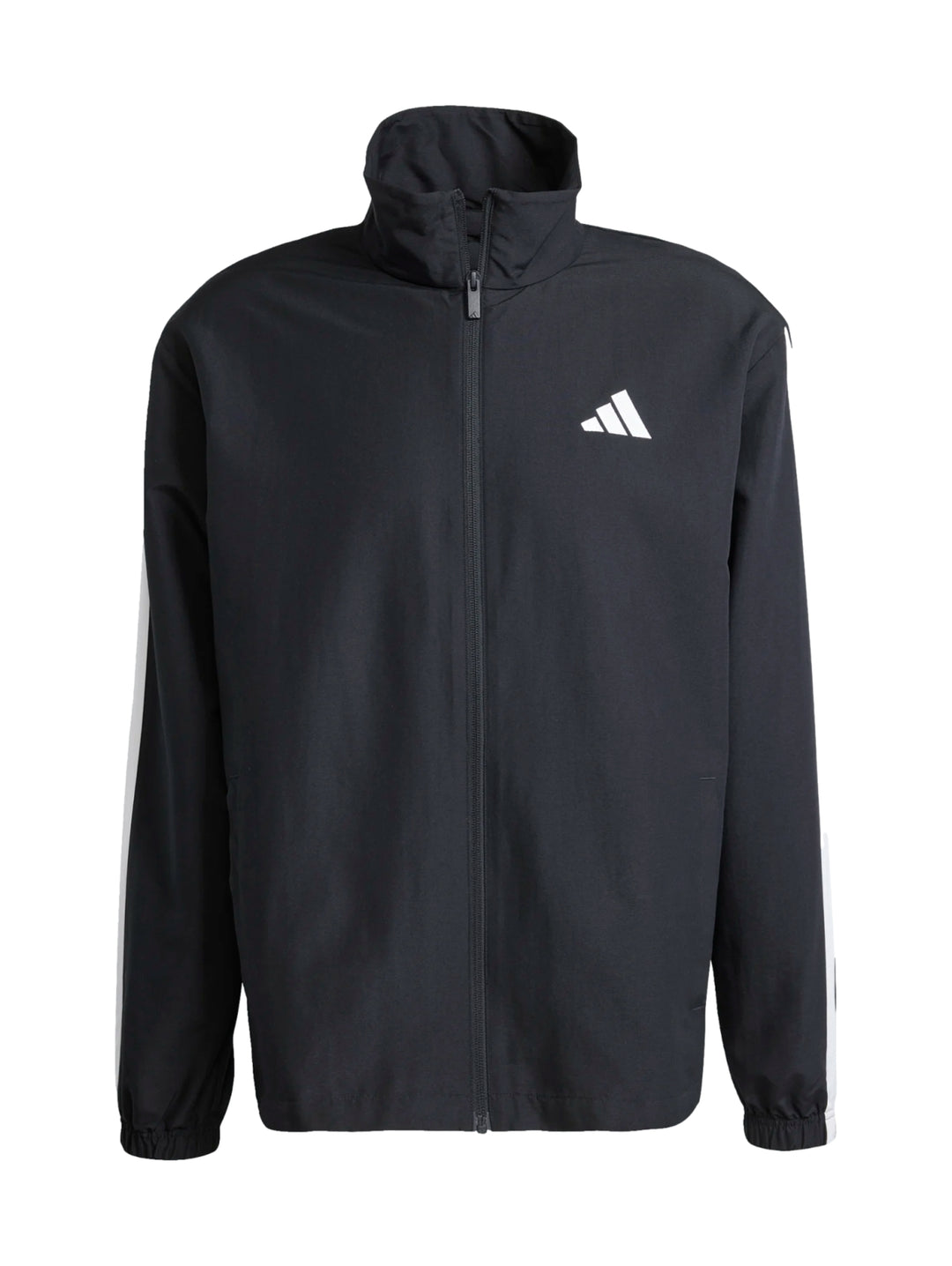 Conjunto deportivo Adidas negro con rayas blancas laterales, compuesto por chamarra y pantalón.
