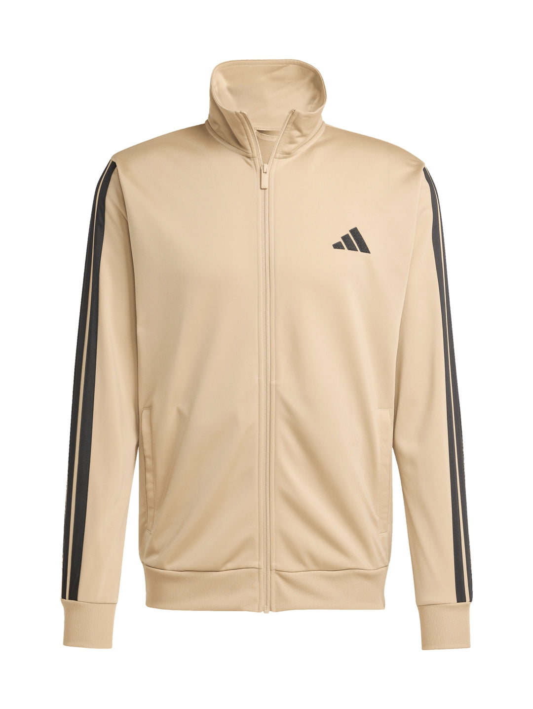 Conjunto deportivo Adidas color arena con tres franjas negras laterales, incluye chamarra y pantalón.