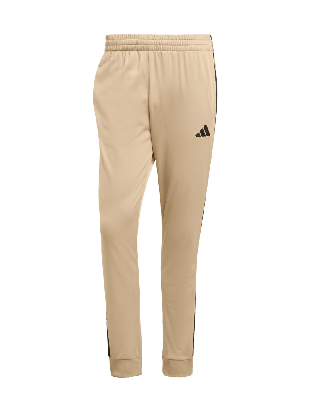 Conjunto deportivo Adidas color arena con tres franjas negras laterales, incluye chamarra y pantalón.