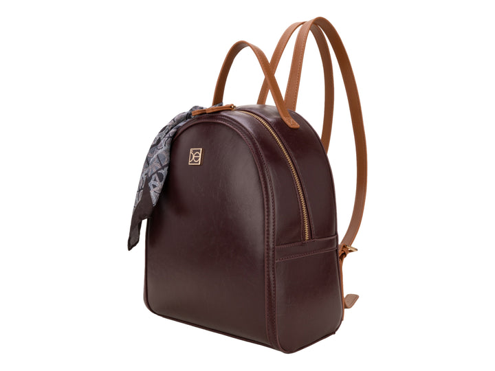 Mochila escolar Cloe color tinto con asa superior y un pañuelo decorativo gris.