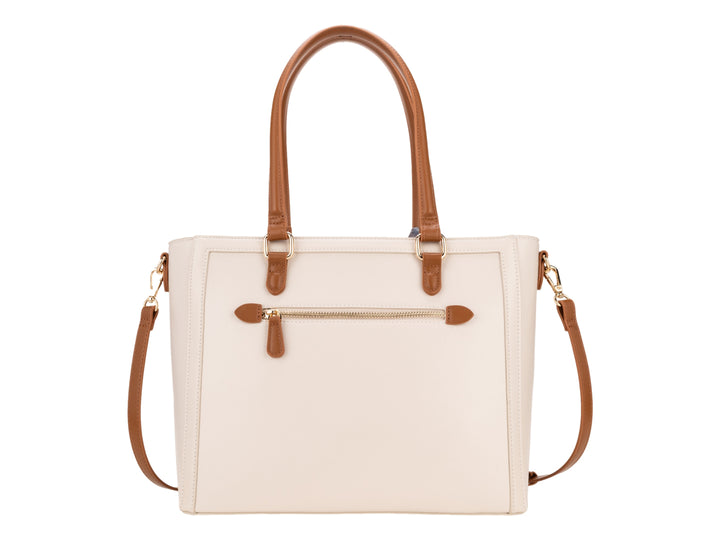 Bolso de hombro Cloe color beige con asas marrones y un pañuelo decorativo anudado en el asa.