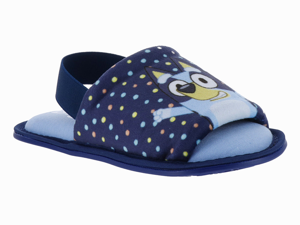 Pantufla azul de la marca ARRA con diseño de lunares coloridos y personaje en el empeine.