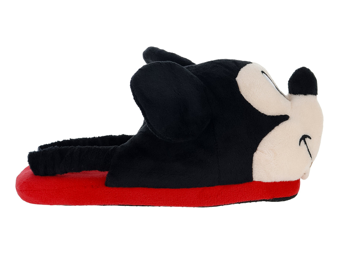 Pantuflas de peluche negras con diseño de Mickey Mouse y suela roja.