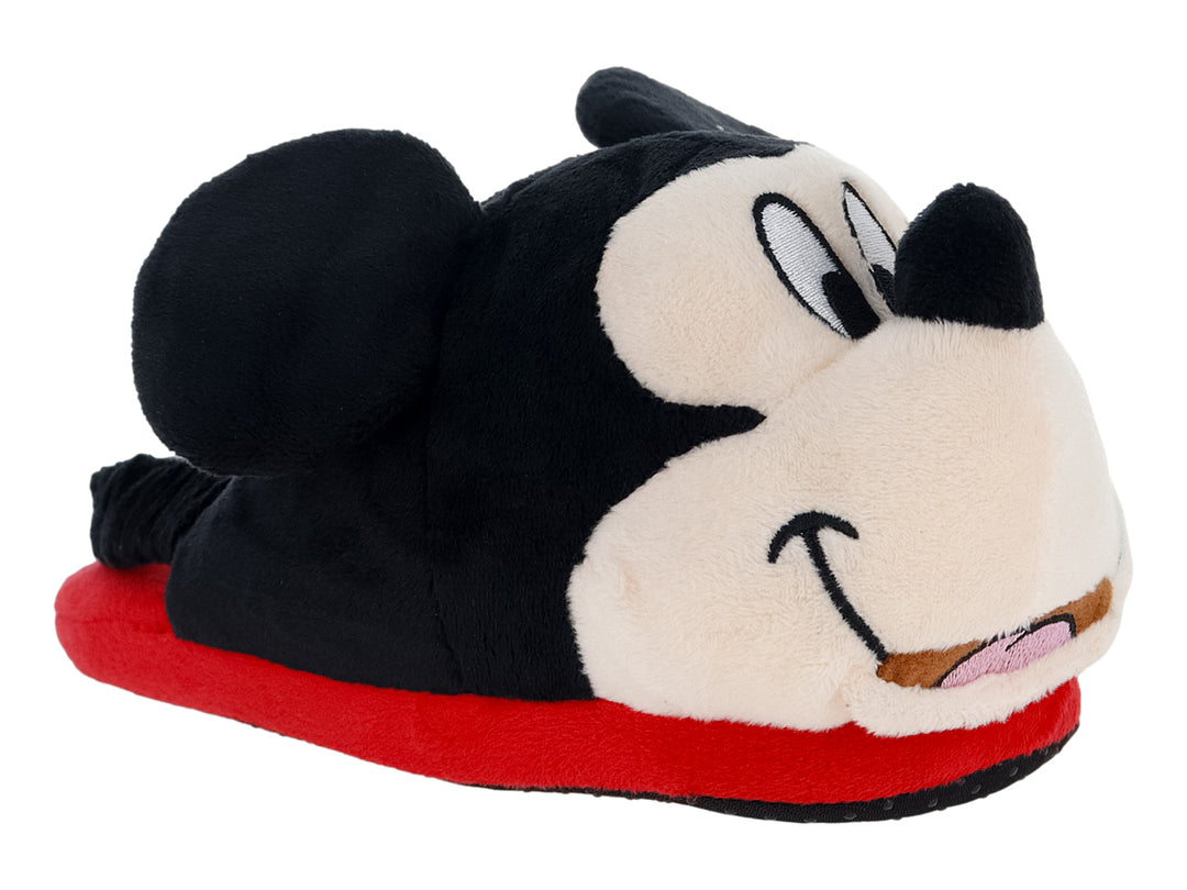 Pantuflas de peluche negras con diseño de Mickey Mouse y suela roja.