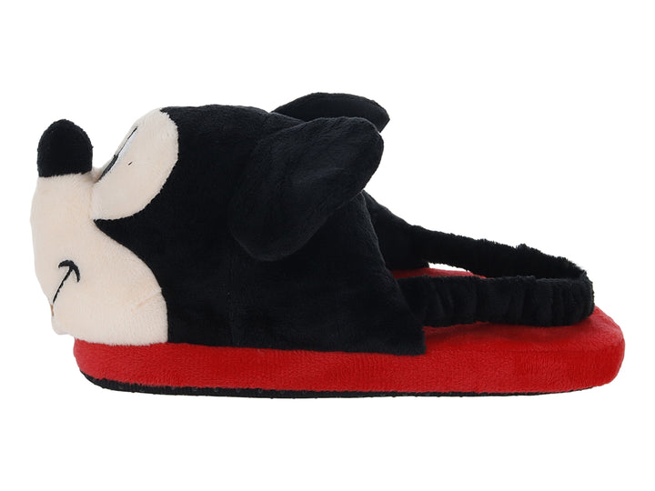 Pantuflas de peluche negras con diseño de Mickey Mouse y suela roja.