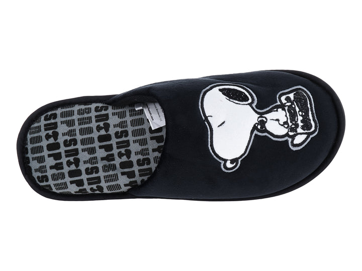Pantufla negra de tela con detalle blanco y plantilla estampada.