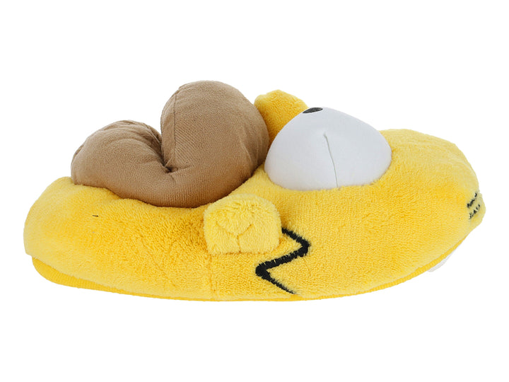 Pantufla amarilla de peluche con diseño de personaje y detalles en color café y blanco.