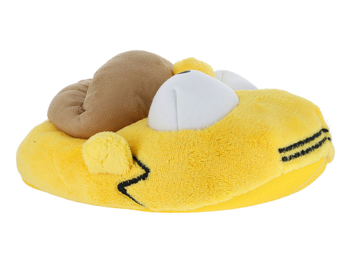 Pantufla amarilla de peluche con diseño de personaje y detalles en color café y blanco.