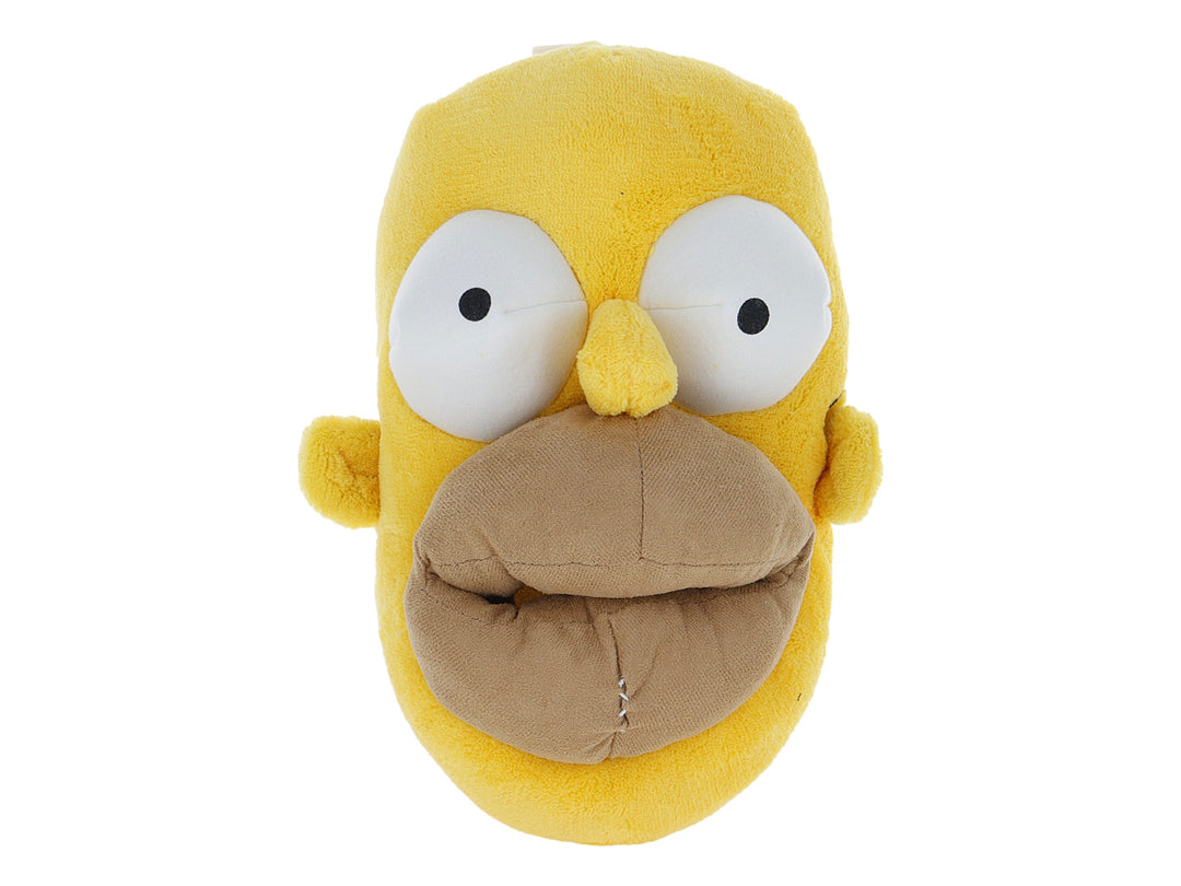 Pantufla amarilla de peluche con diseño de personaje y detalles en color café y blanco.