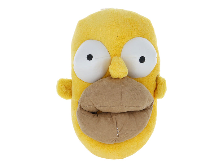 Pantufla amarilla de peluche con diseño de personaje y detalles en color café y blanco.
