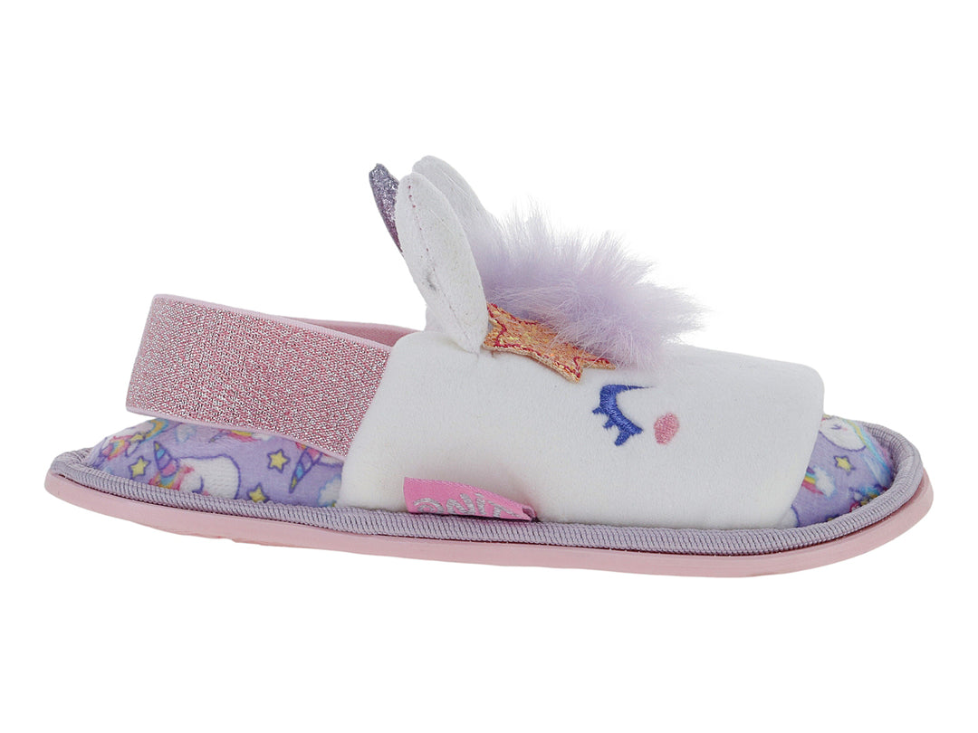 Pantufla blanca de unicornio con detalles en rosa y morado para Niña.