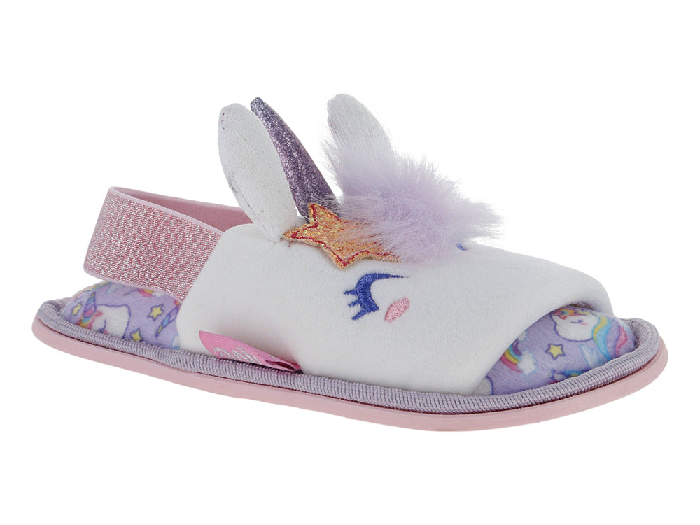 Pantufla blanca de unicornio con detalles en rosa y morado para Niña.