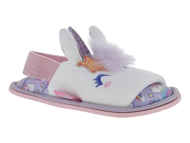 Pantufla blanca de unicornio con detalles en rosa y morado para Niña.