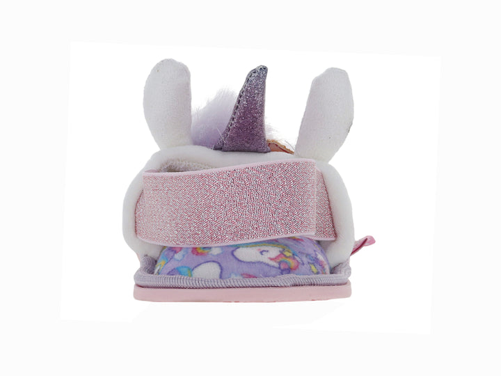 Pantufla blanca de unicornio con detalles en rosa y morado para Niña.